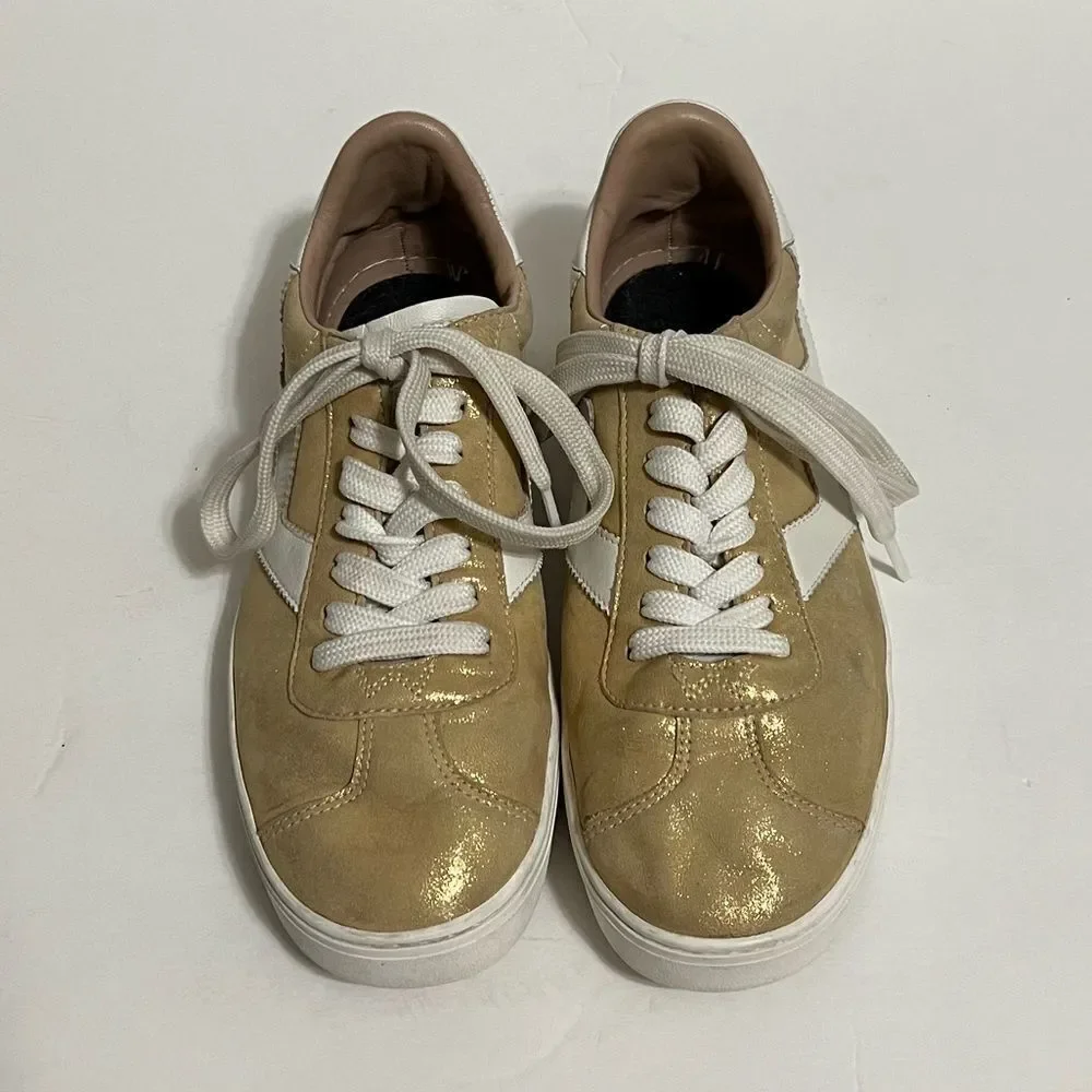 Stuart Weitzman Daryl Metallic Leather Sneakers Gold And White Size 7